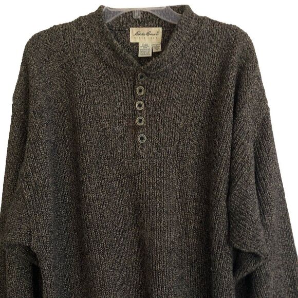 VTG Eddie Bauer Henley Fisherman Sweater Mens Sz XL Chunky Marled Knit USA - Picture 2 of 10